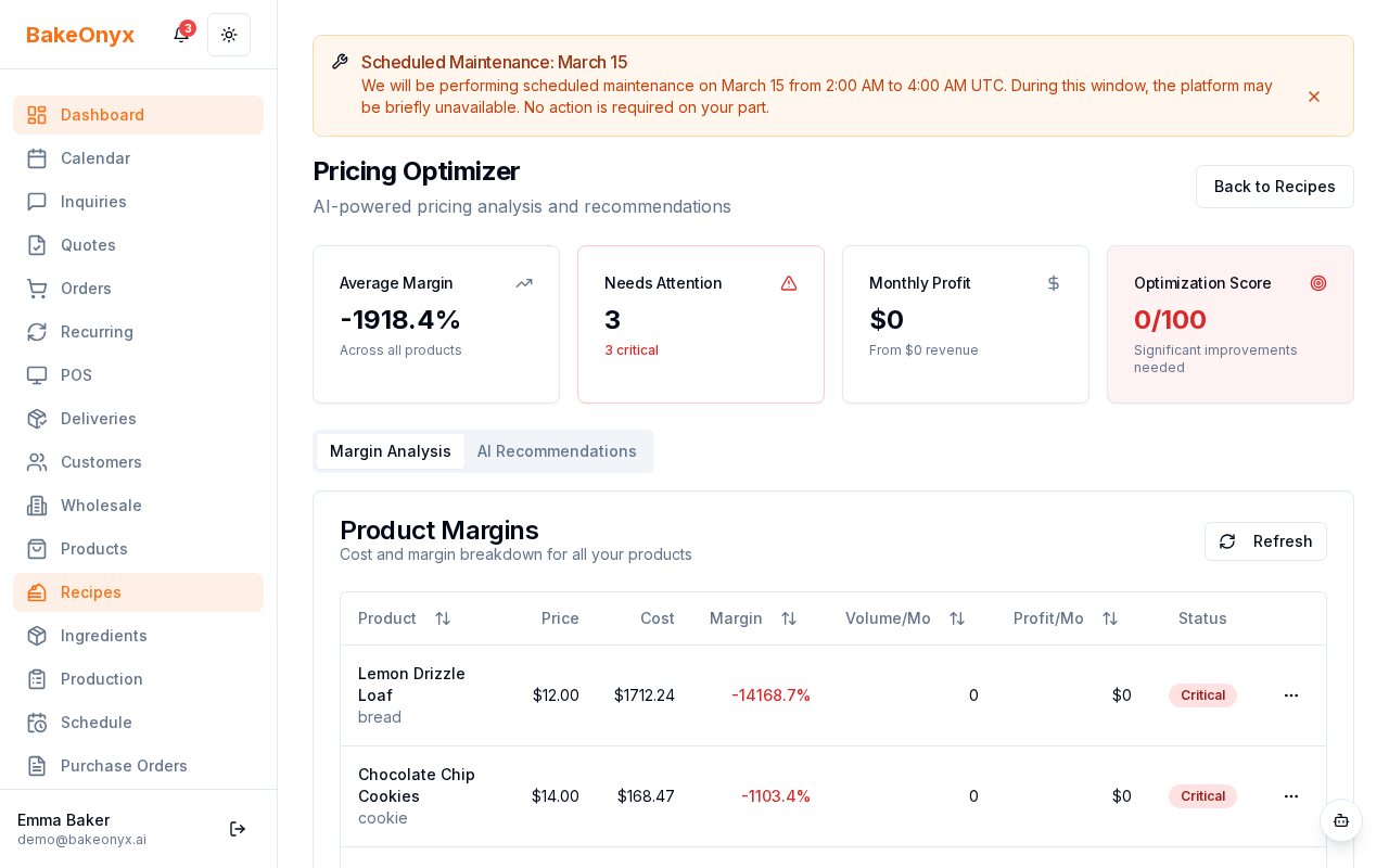 The Pricing Optimizer page showing cost breakdown, margin health status, and AI pricing recommendations