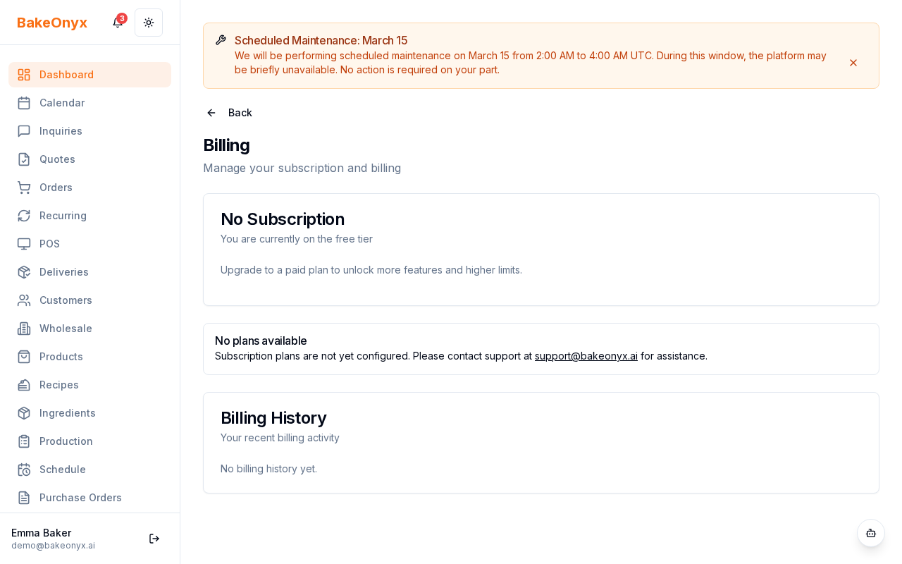 BakeOnyx pricing table showing Essentials, Growth, and Scale plans with features and monthly costs