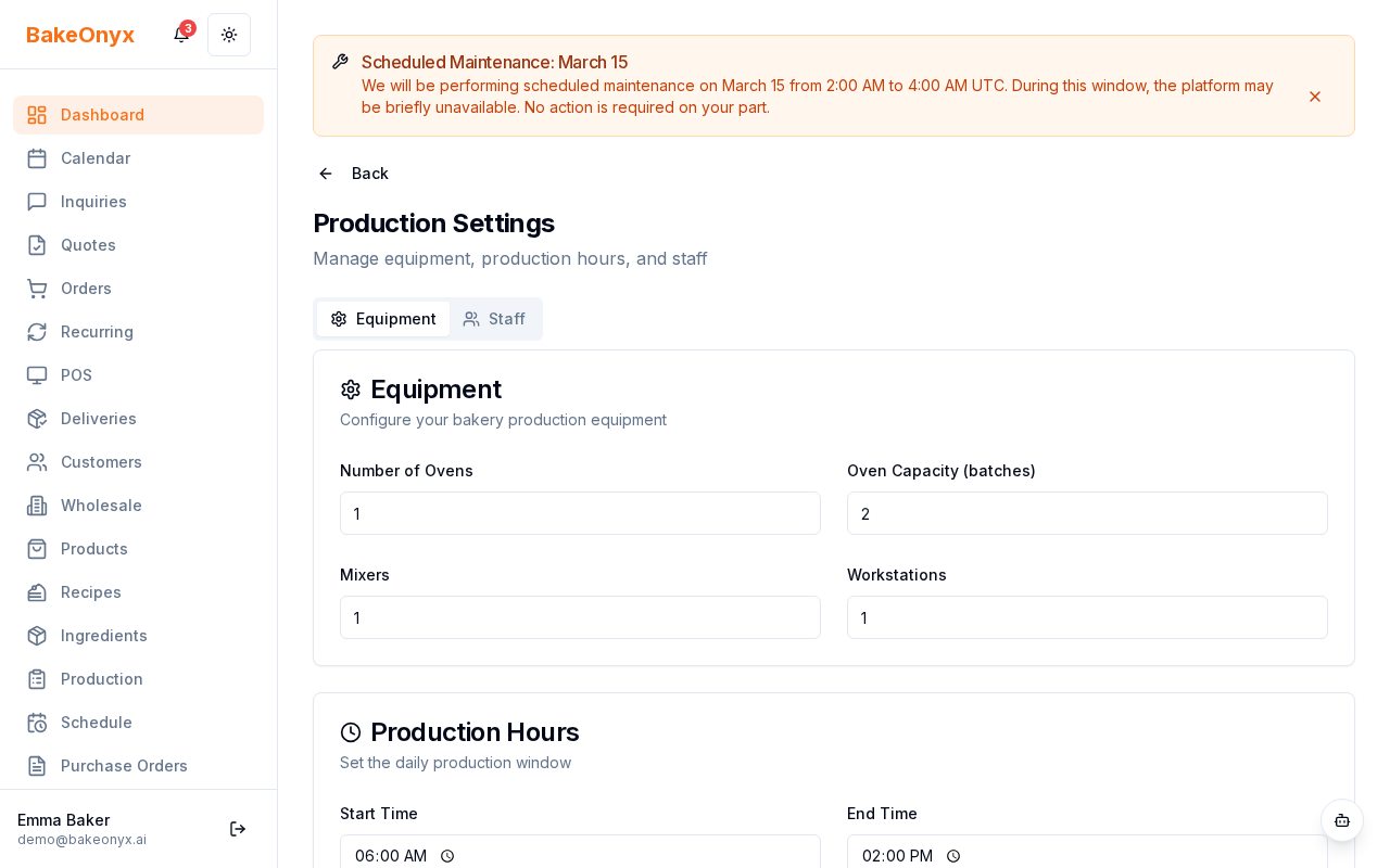 Production settings page showing equipment and staff configuration sections