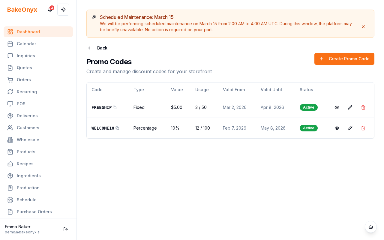Promo code creation form showing fields for code name, discount type, value, and usage limits