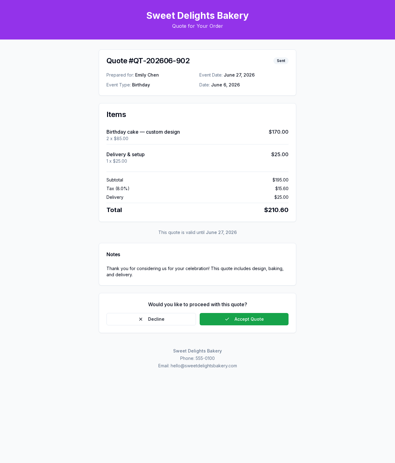 The customer's public quote page with bakery branding, pricing, and Accept/Decline buttons