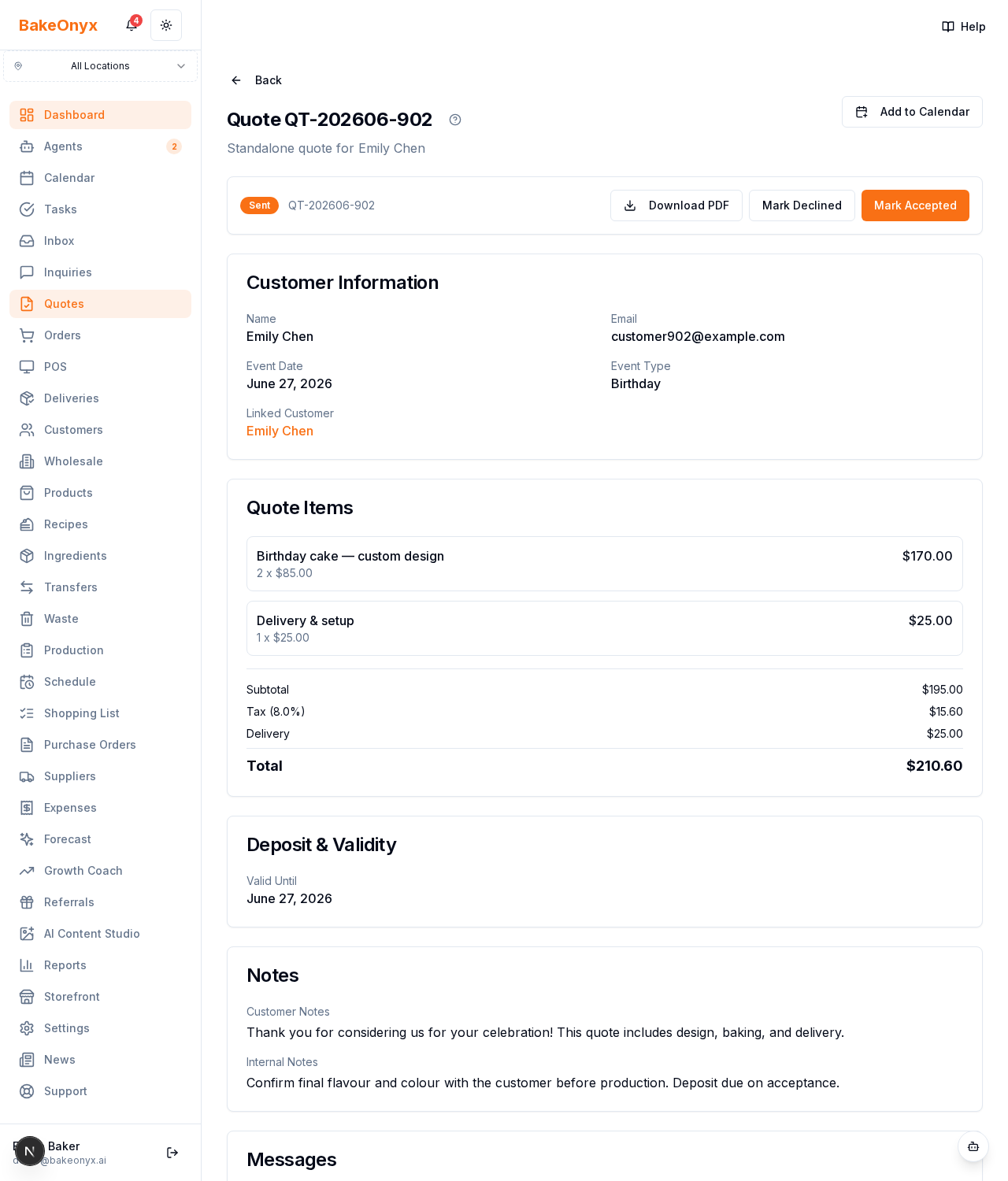 Quote detail page showing items, pricing, status, and send/convert actions