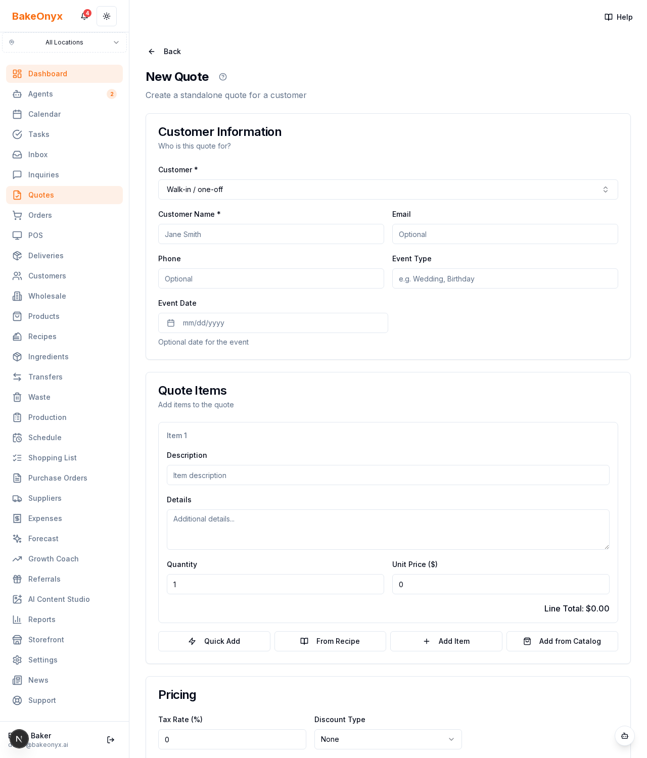 New quote form with customer details, line items, and pricing fields