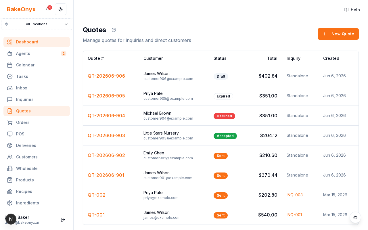 Quotes list showing quote number, customer, status, and total