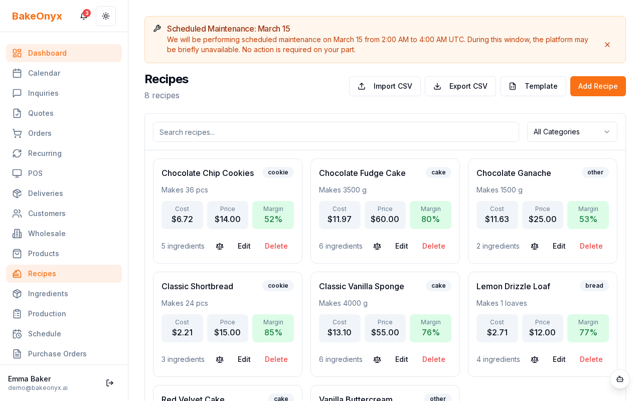 Recipe cost breakdown showing total cost, cost per unit, and ingredient-by-ingredient cost list with percentages