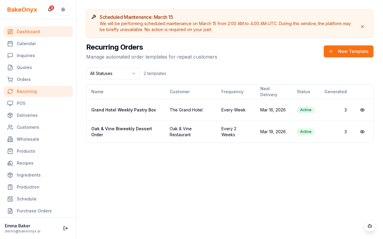 Recurring order detail page showing template info, frequency settings, and generated occurrences list