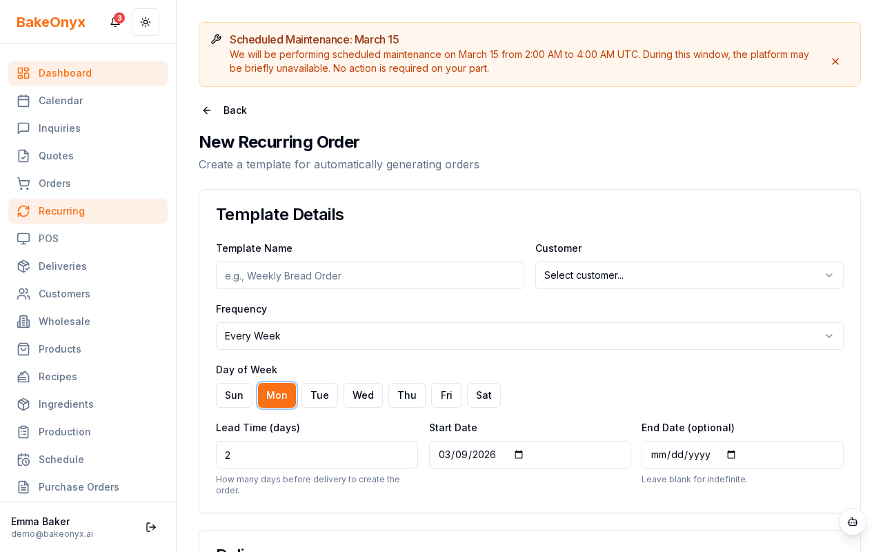 Recurring order template form with fields for customer, name, frequency, start date, and items
