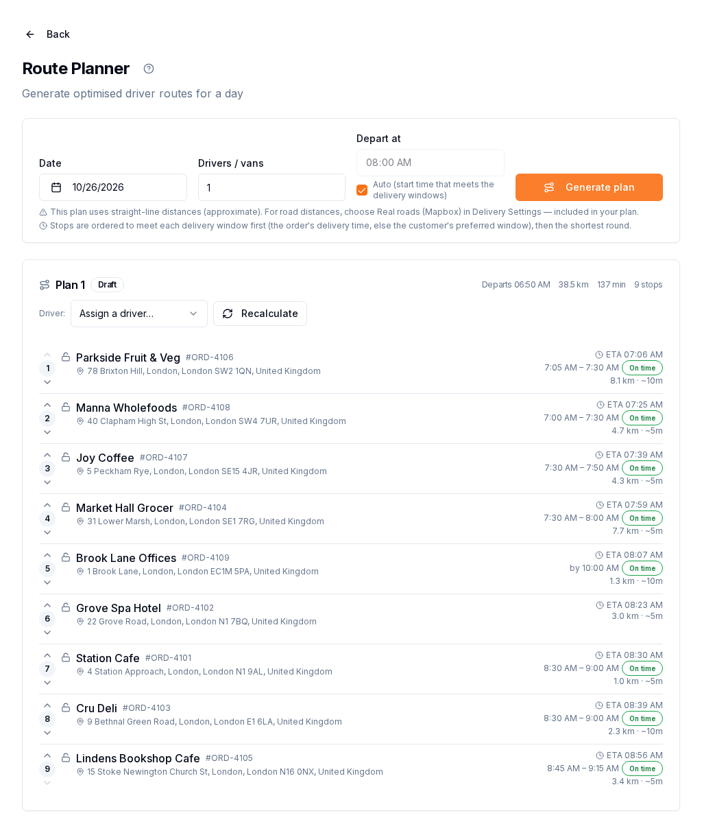 Route Planner with a generated plan: Auto start time, and each stop showing its ETA, delivery window and an On time badge