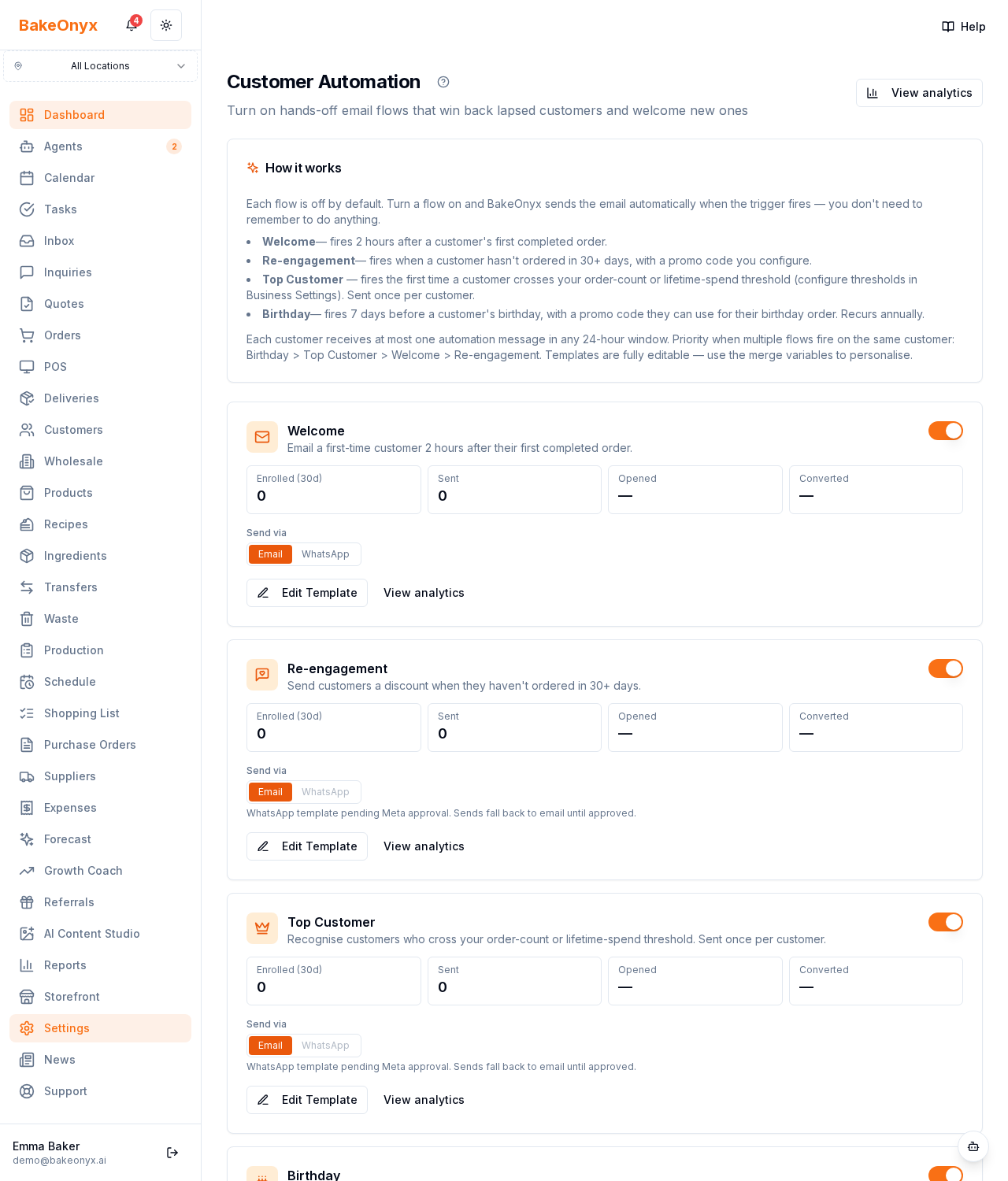 Customer Automation page with welcome, re-engagement, top-customer, and birthday flow cards