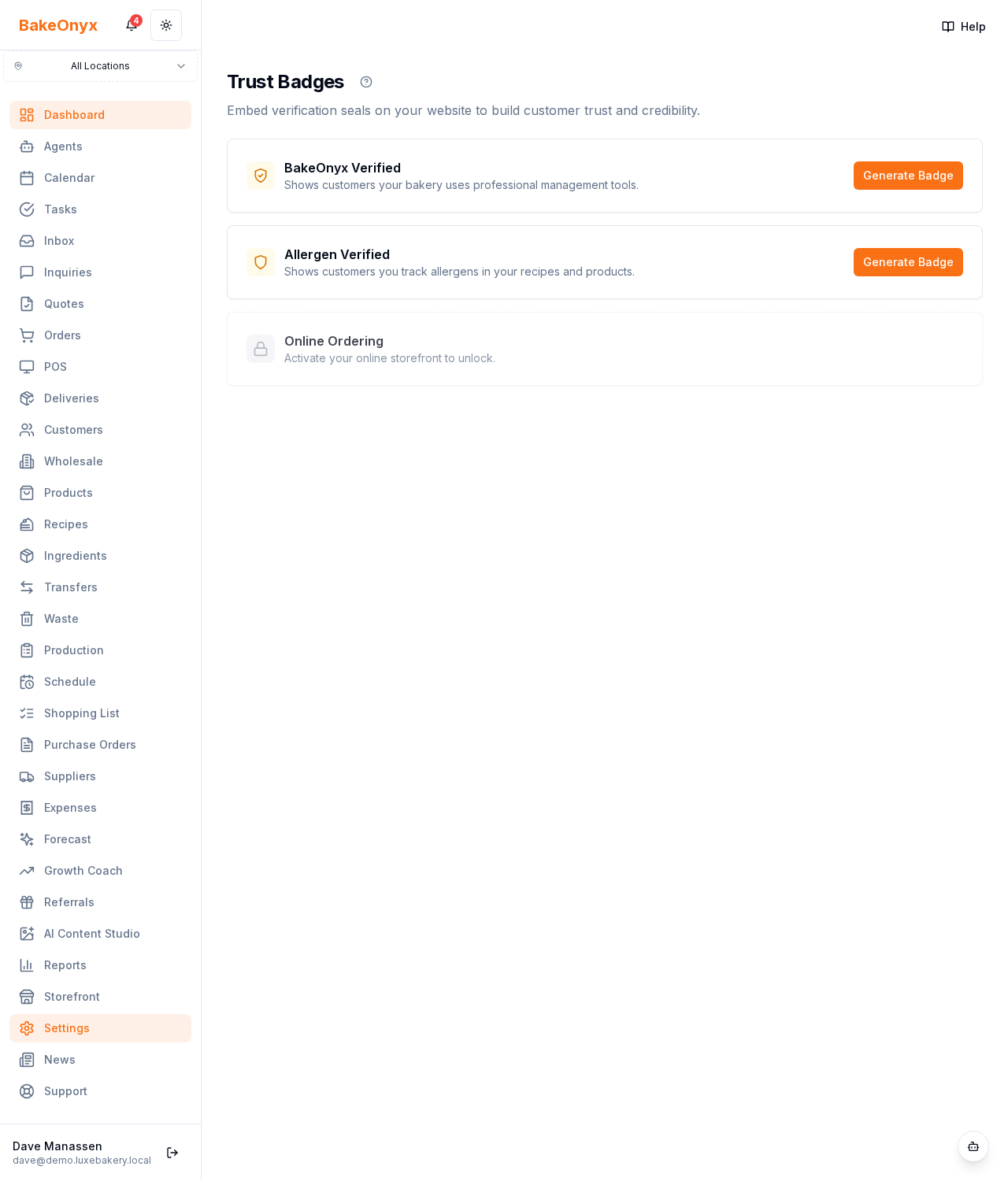 Trust Badges page with Verified, Allergen Verified, and Online Ordering badge cards and embed codes