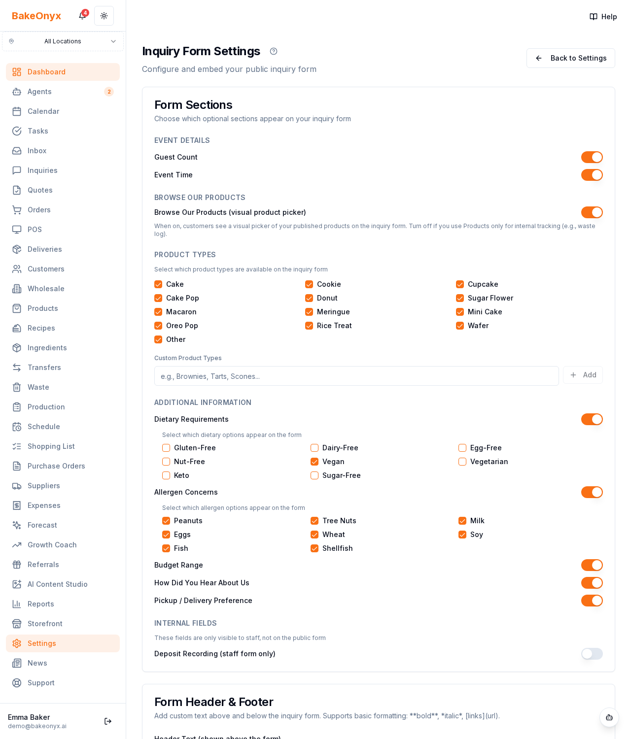 Inquiry Form Settings with form-section toggles, product types, and the embed code