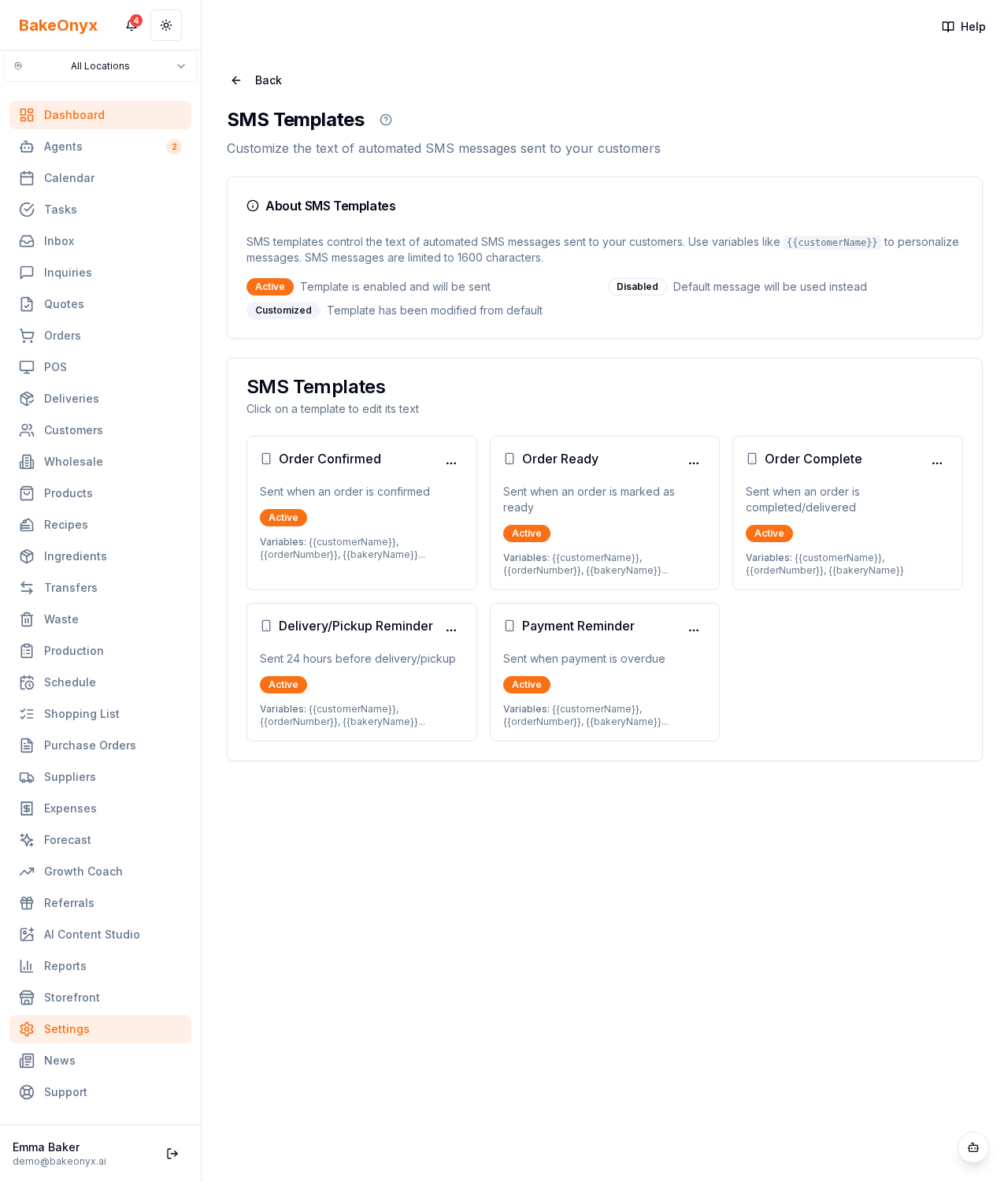 SMS Templates page with editable templates, merge variables, and reset buttons