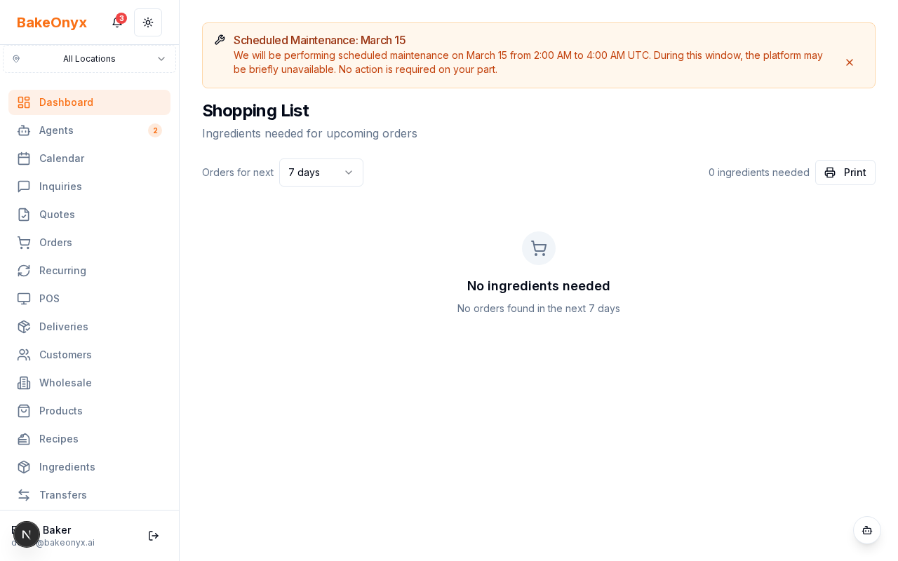 The Shopping List page showing ingredients grouped by supplier with quantities, stock levels, and shortfall alerts