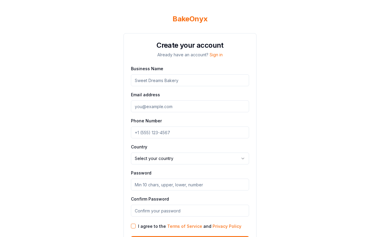 BakeOnyx signup form with email and password fields