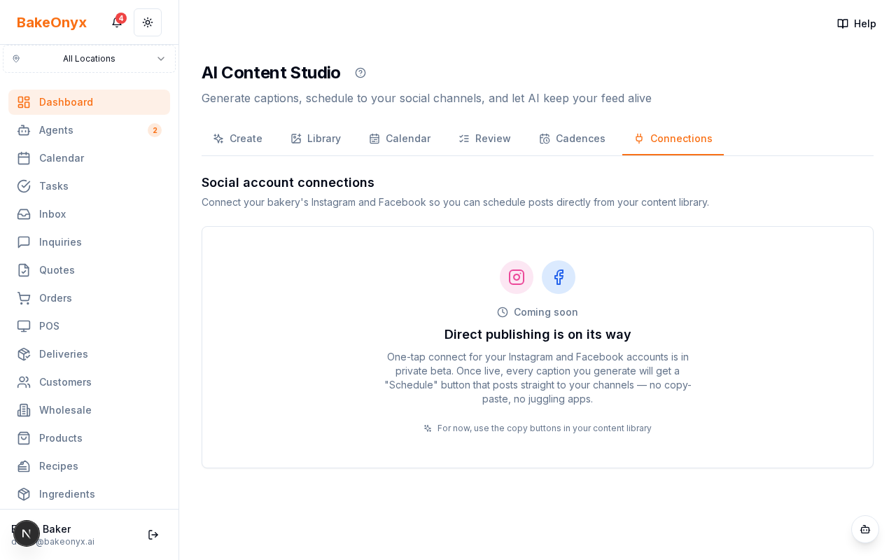 Content Studio social connections page listing connected Instagram and Facebook accounts