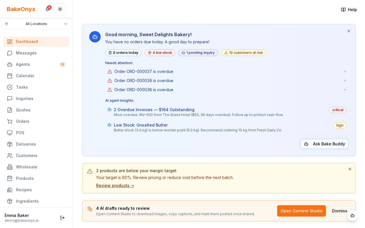 Dashboard home with the Social Digest banner showing the count of today's posts and AI drafts ready, with Open in Content Studio + Dismiss buttons