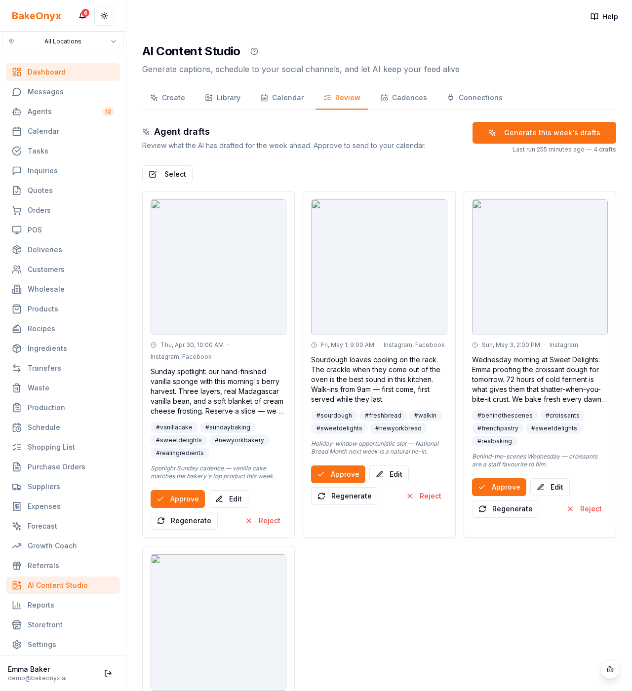 Review tab in selection mode with three draft cards highlighted with a primary-colour ring, plus a sticky action bar showing 3 selected · Approve all · Reject all · Cancel