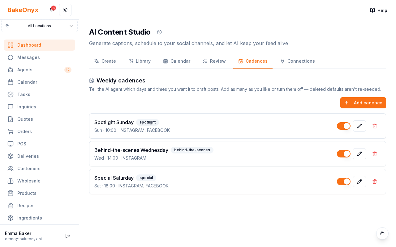 Add cadence dialog with name input, day-of-week select, time picker, theme input, and platform multi-select
