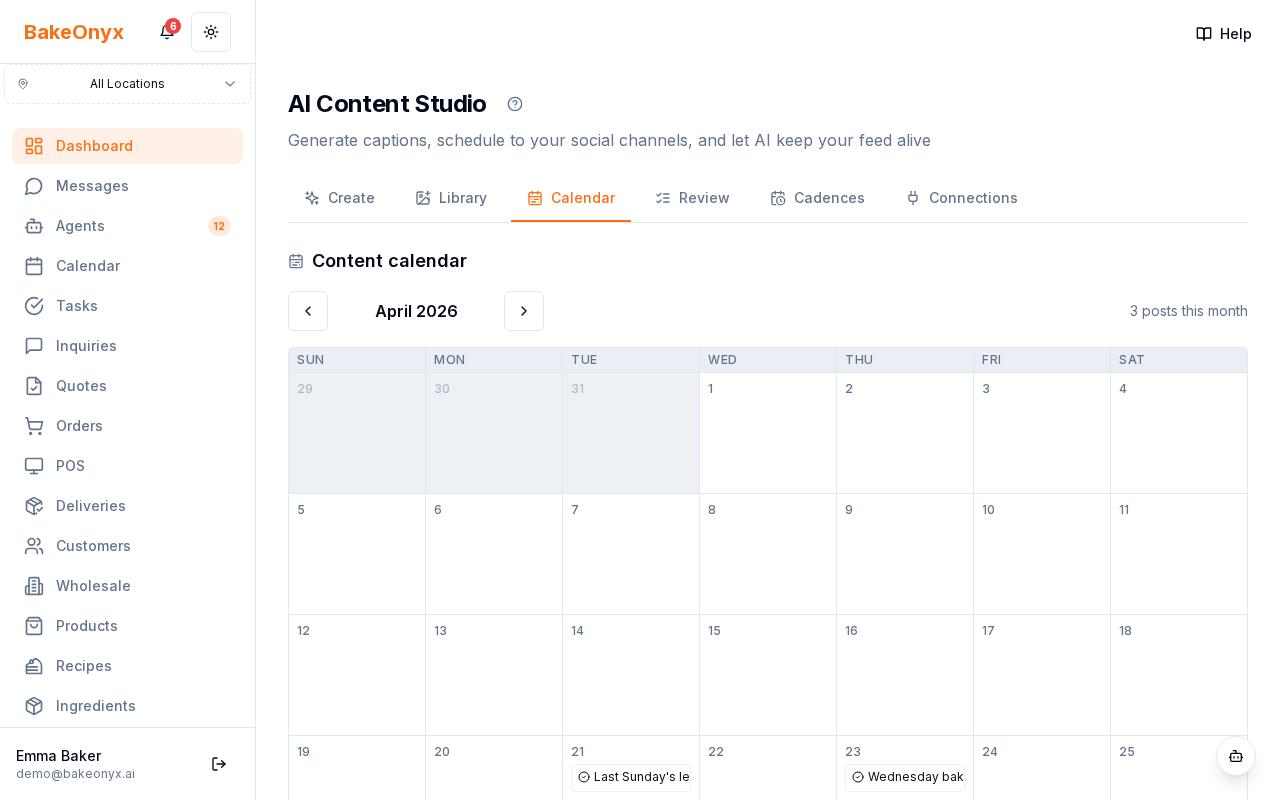 Calendar card detail dialog showing Download, Copy caption, Mark posted, and Delete buttons
