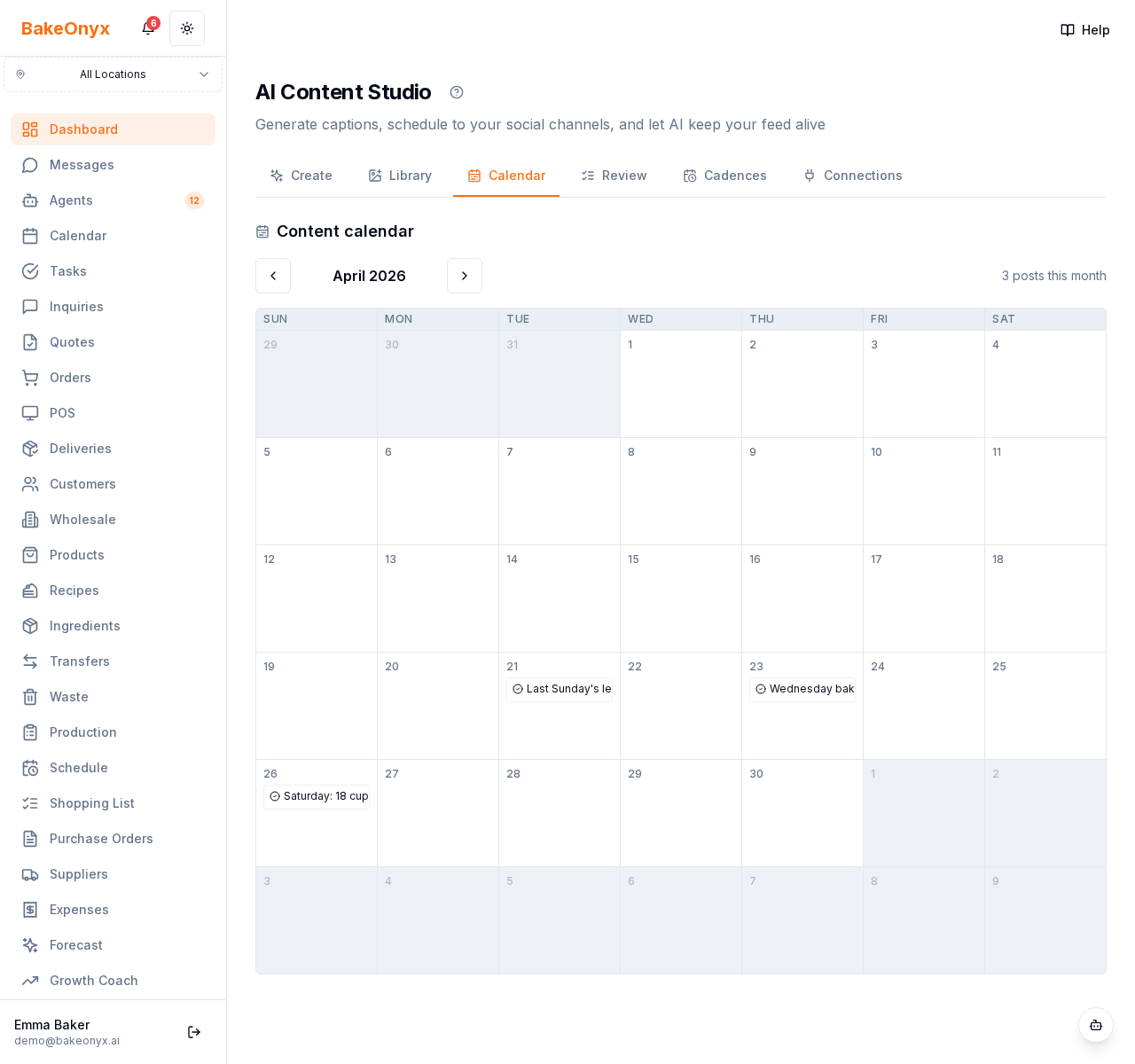 Calendar tab showing a month grid with several scheduled posts (blue badges) and posted items (green badges)