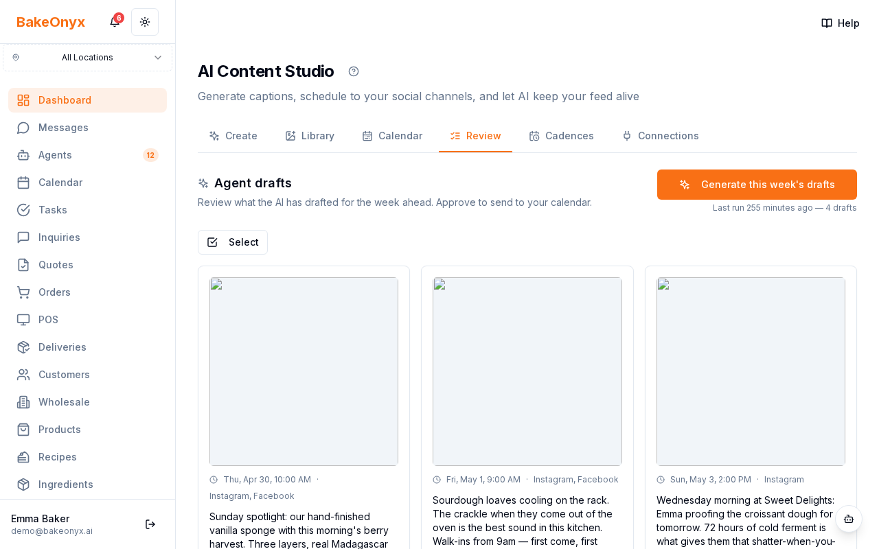 Single draft card showing the AI-selected image, caption, hashtag chips, scheduled time, one-line rationale, and four action buttons