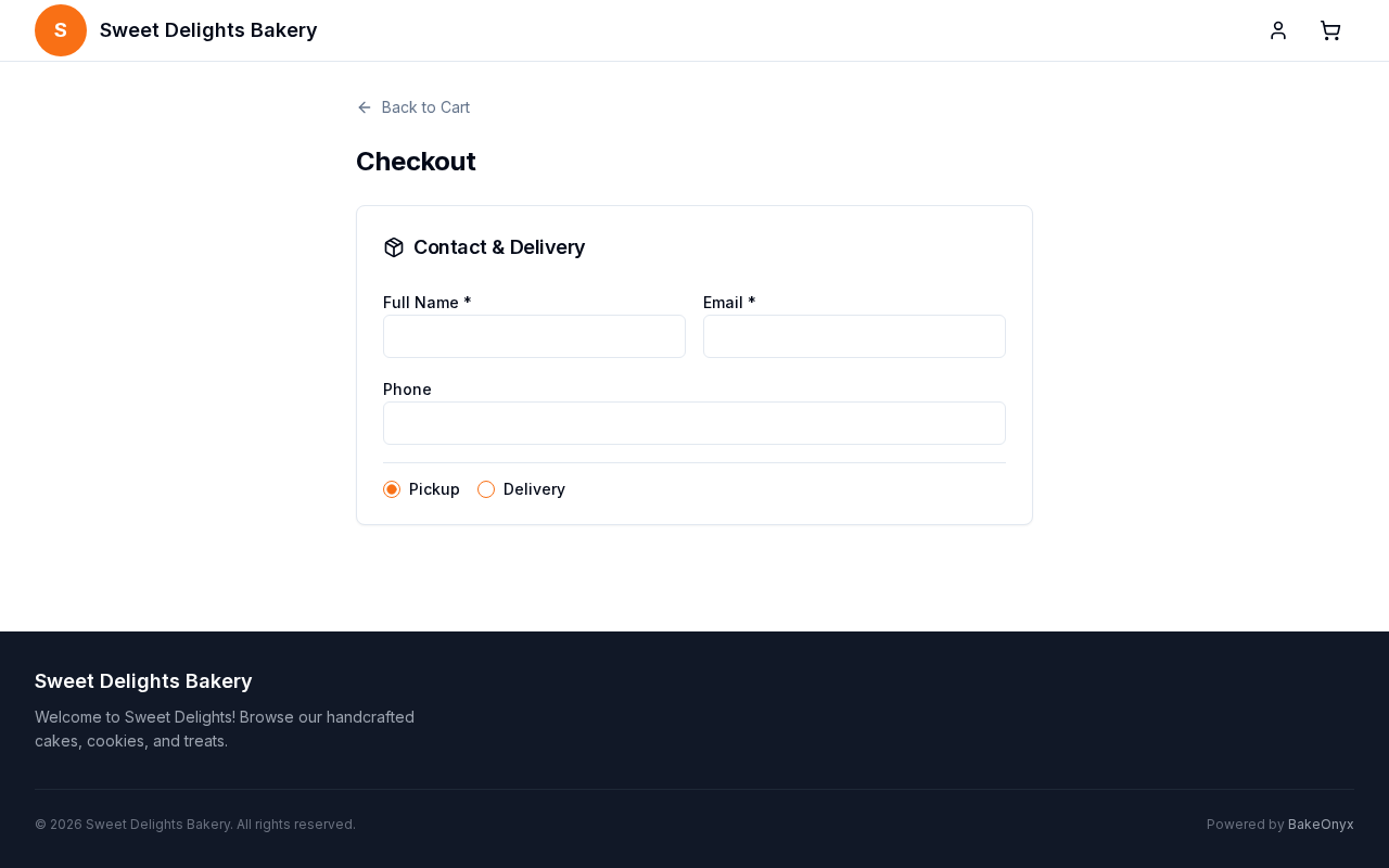 BakeOnyx checkout page showing cart items, delivery options, and payment section
