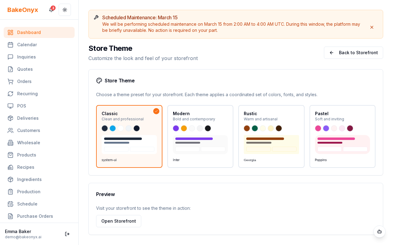 Store theme selection interface showing pre-built theme options with preview and apply buttons