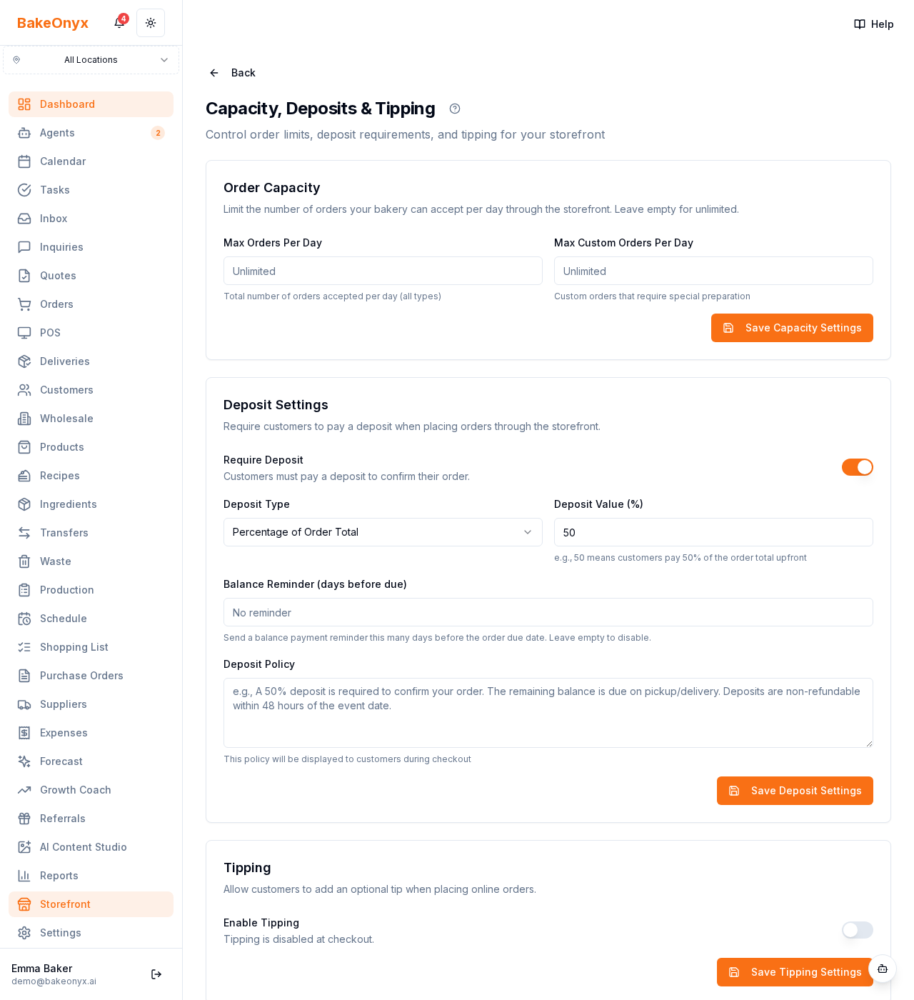Capacity, Deposits & Tipping page