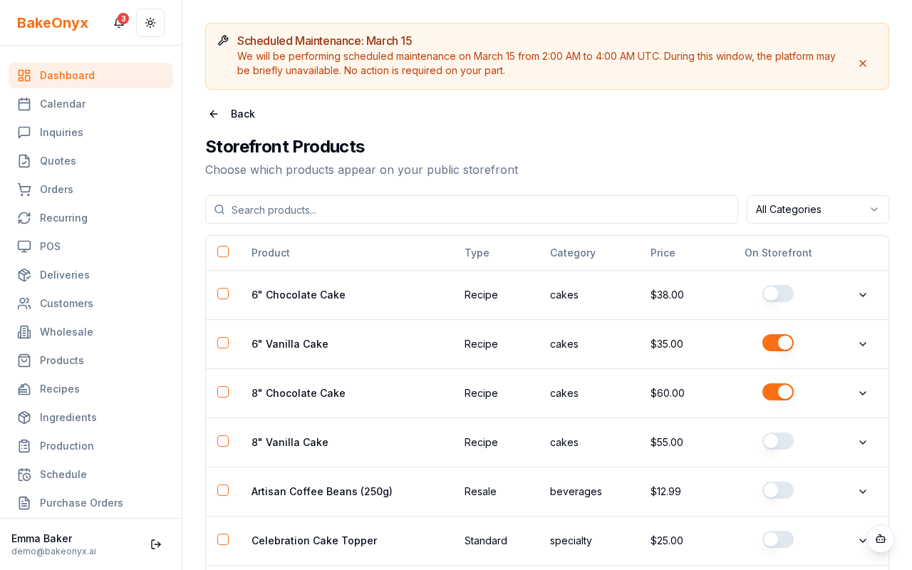 Storefront Products management page showing product list with visibility toggles and edit options
