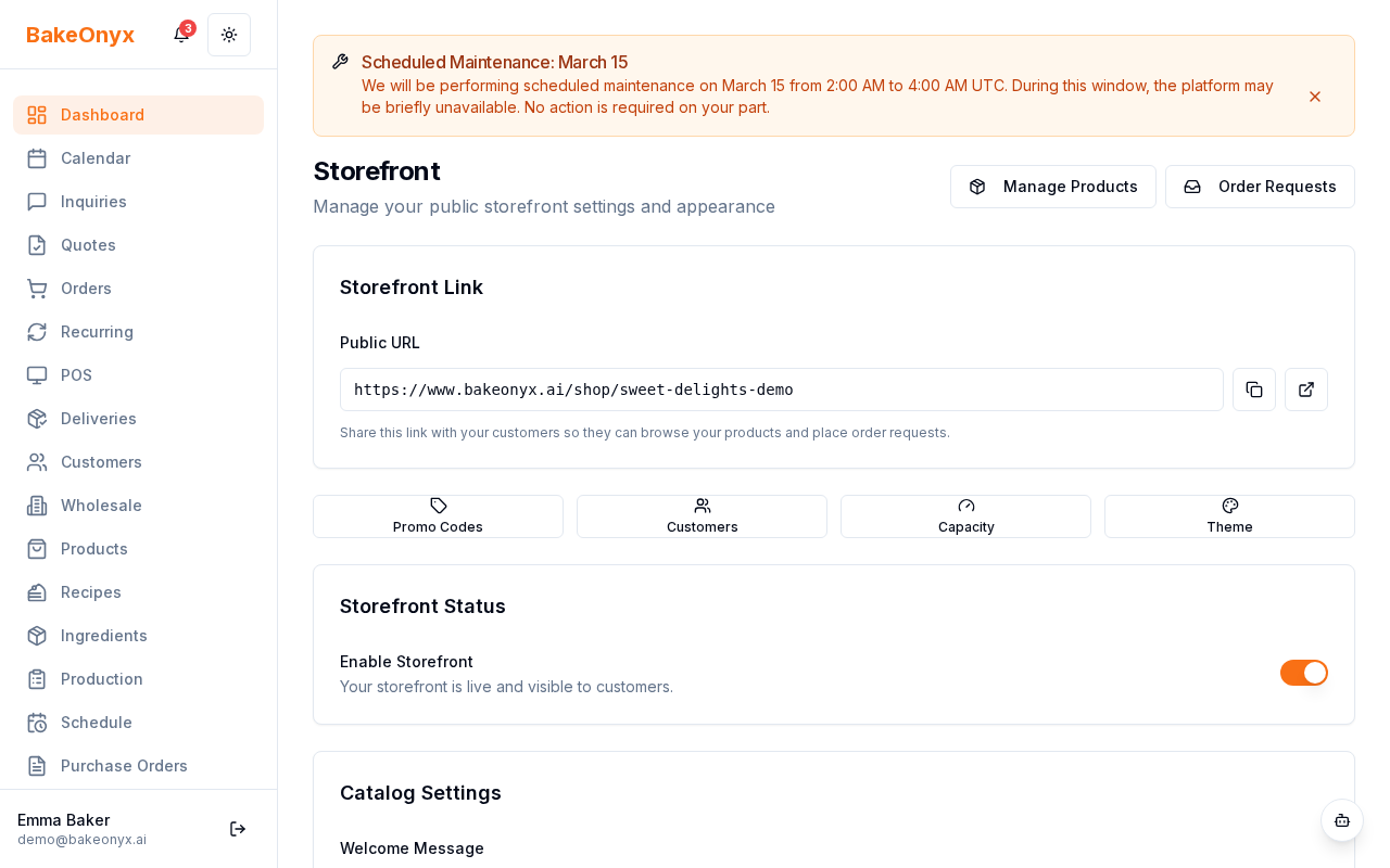 Storefront settings page showing enable toggle and configuration fields