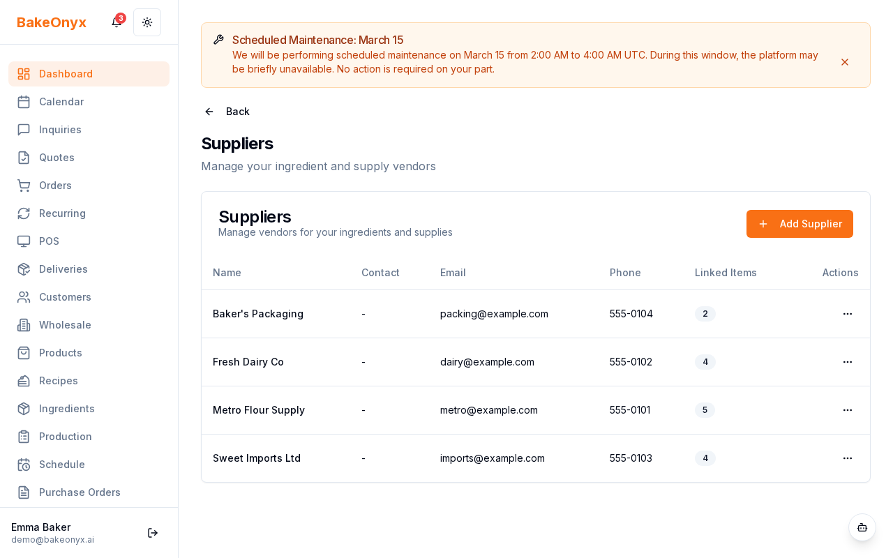 BakeOnyx supplier form with fields for name, contact, address, and payment terms