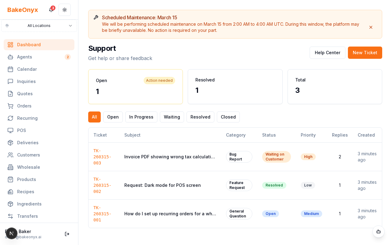 Support ticket list showing ticket numbers, subjects, status badges, and priority indicators