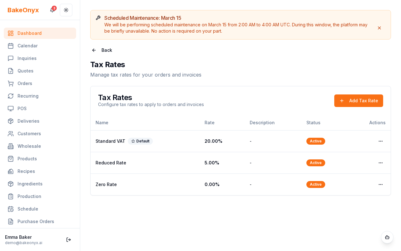 BakeOnyx Tax Rates settings page showing a list of existing tax rates with options to create new ones