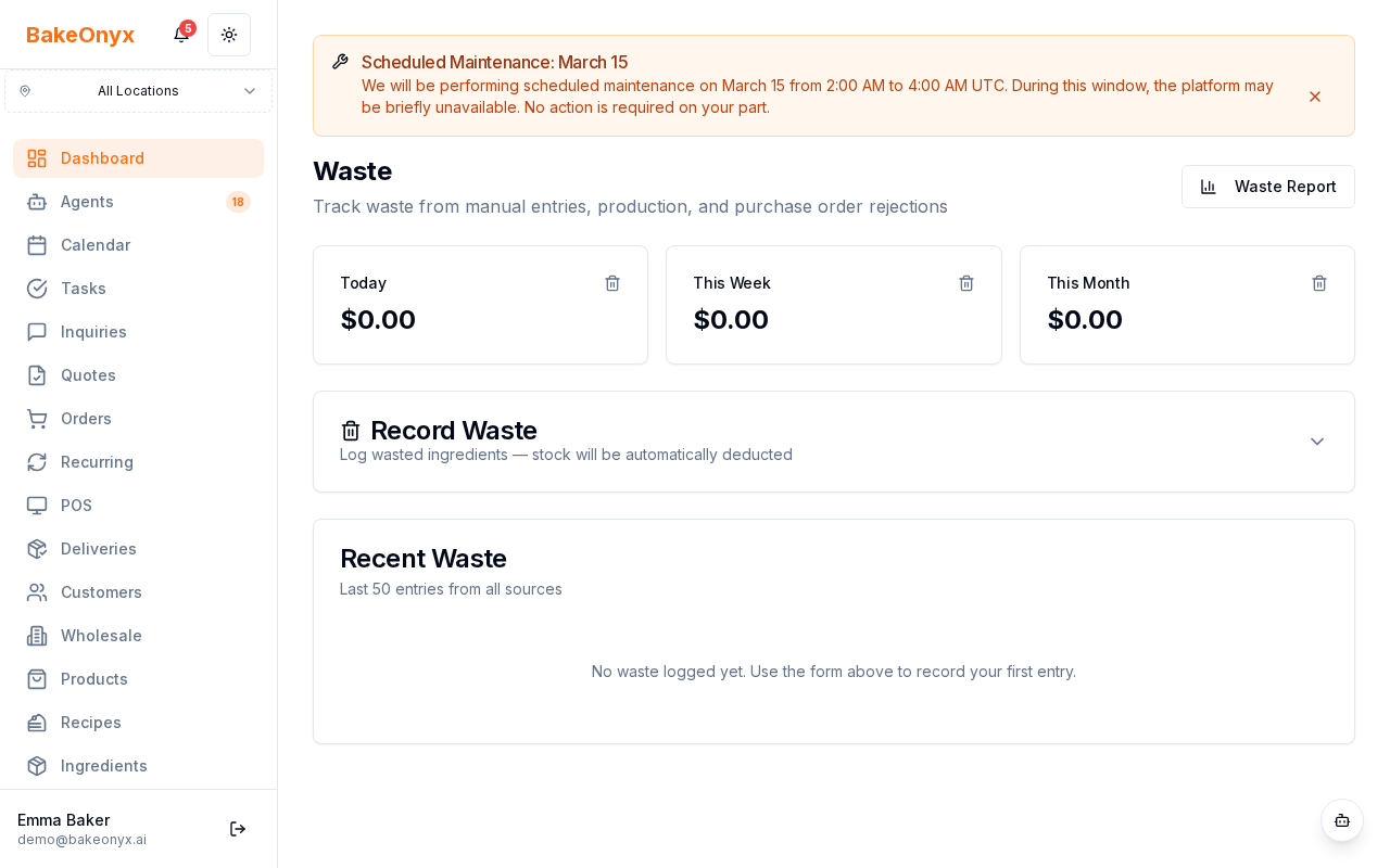 Waste log entry form with reason dropdown and quantity field